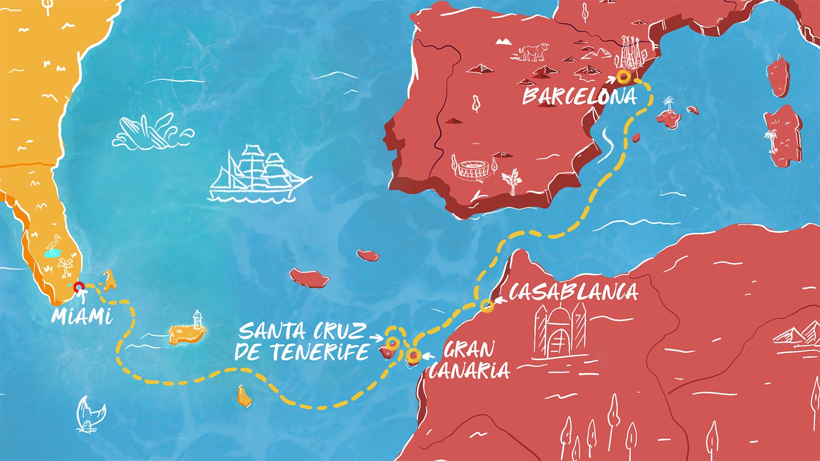 Map of Spanish Isles & Transatlantic Miles itinerary